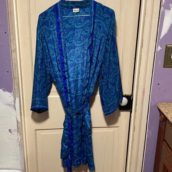 Silk Robe Paisley Turquoise Indigo Flowers With Belt - Picture 2 of 8